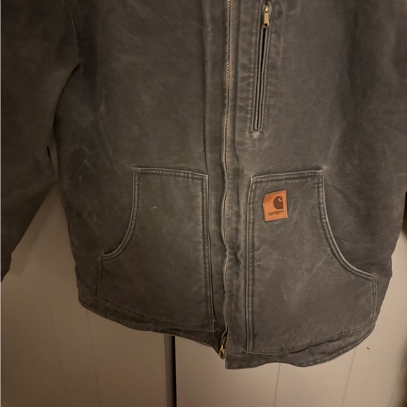 Carhartt C61 Duck Canvas Jacket Size Large Gray Sherpa Lined Workwear Faded - Picture 2 of 12